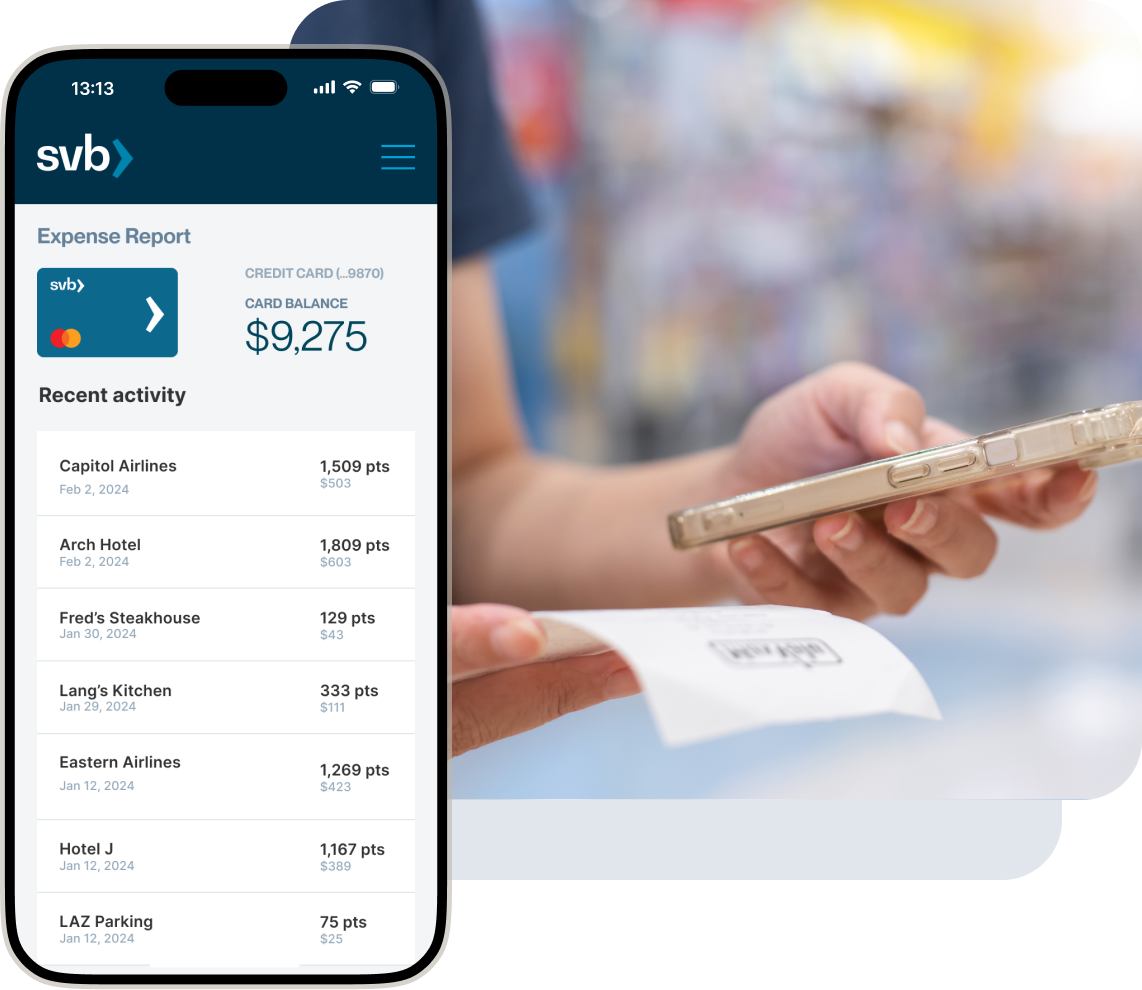 User with phone and receipt submitting expenses with phone mockup of an expense report and the points earned
