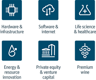 We focus on specific industries: Hardware & infrastructure, Software & internet, Life science & healthcare, Energy & resource innovation, Private equity & venture capital, Premium wine