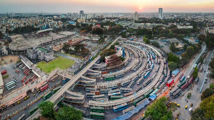 Aerial panoramic view of City Bus stand ( Majestic), Kempegowda Metro Station, KSRTC Bus stand and City Railway Station, Bangalore, India 723 x 407