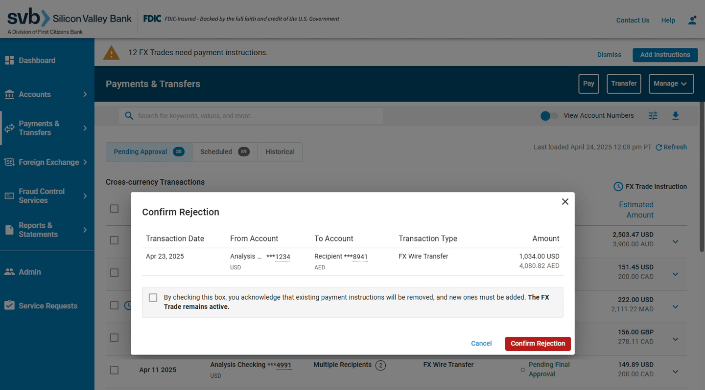 SVB Go - Admin - Deal Based FX Payment Approvals
