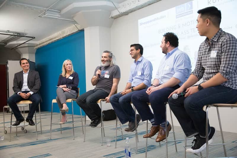 My fellow moderator, Stephanie Zeppa from Sheppard Mullin, sits with, from left, Ad Roll' s Aaron Bell, Floodgate' s Arjun Chopra, Cisco' s David Ulevitch and Luxe' s Curtis Lee.