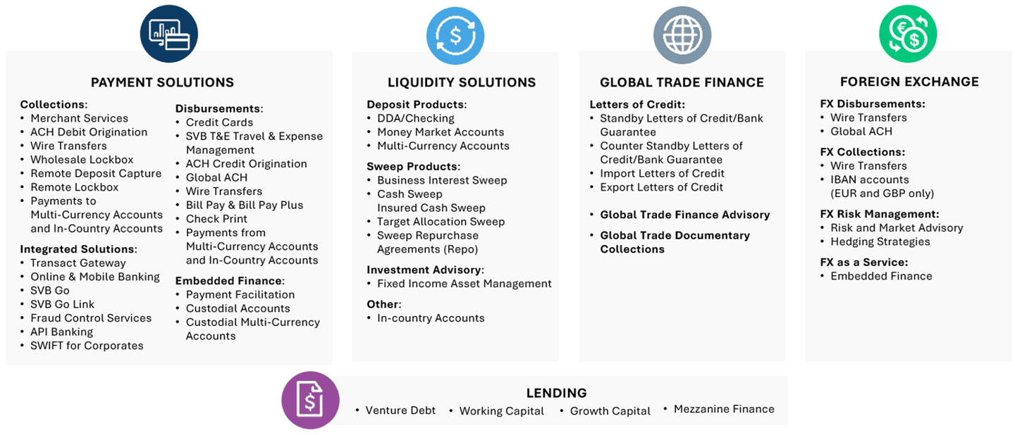 Infographic showing Silicon Valley Bank solutions ecosystem.