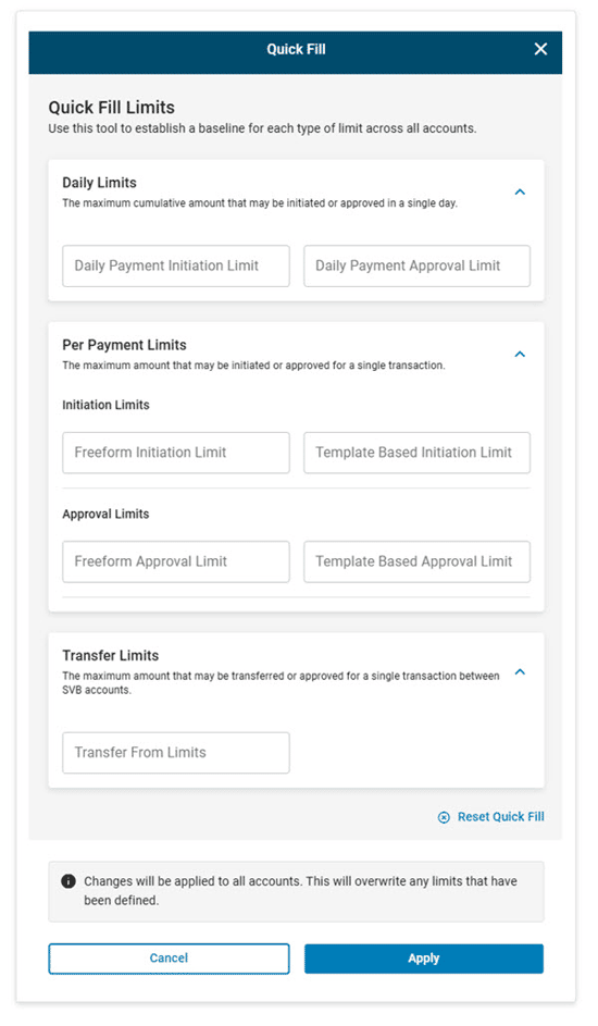 SVB Go - Admin - Quick Fill Limits