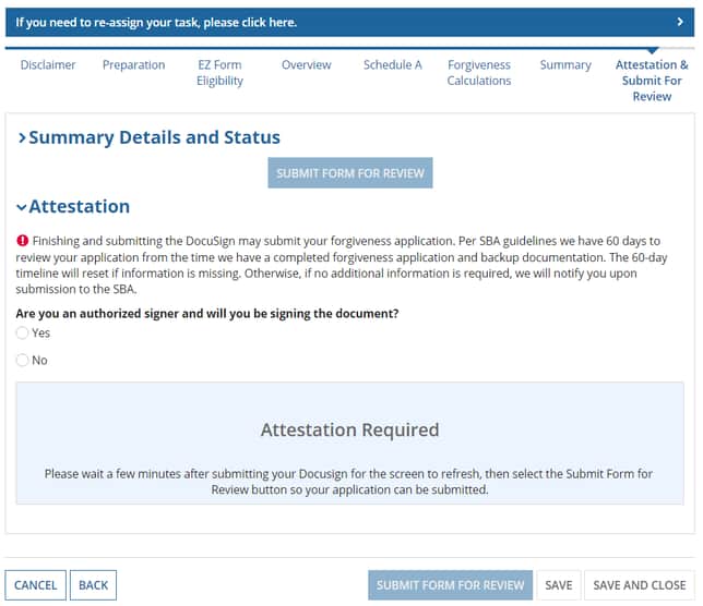 ppp forgiveness attestation submit for review