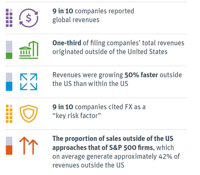 Report of global revenue, filing companies, revenue growth, fx risk factor, proportion of sales outside us