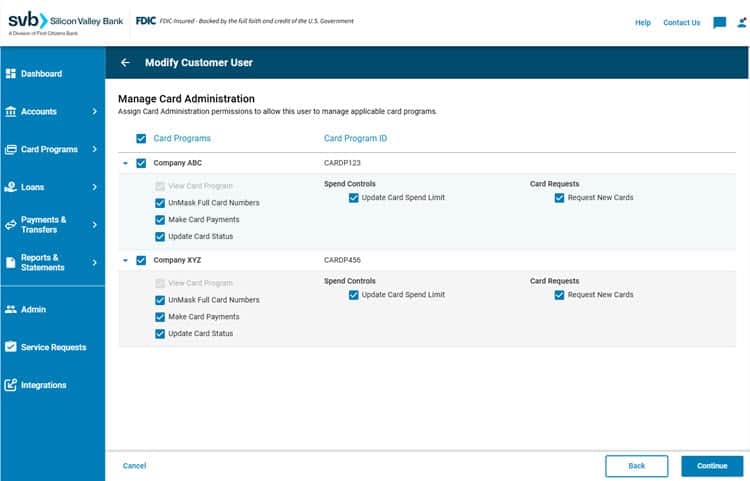 SVB Go - Add or Modify User - Manage Card Programs