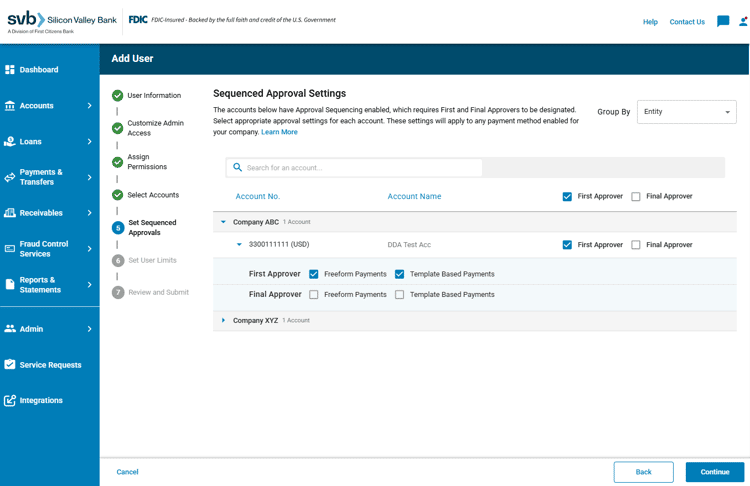 SVB Go - Add or Modify User - Sequenced Approval Settings