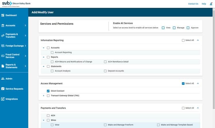 SVB Go - Add/Modify User - Services & Permissions