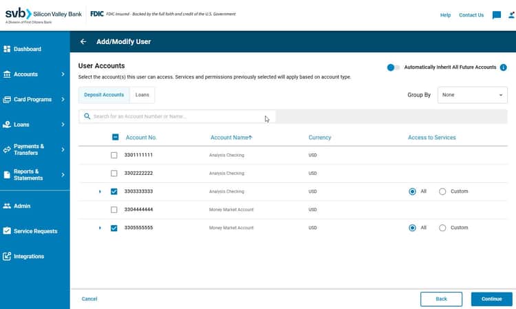 SVB Go - Admin - Add/Modify User - User Accounts