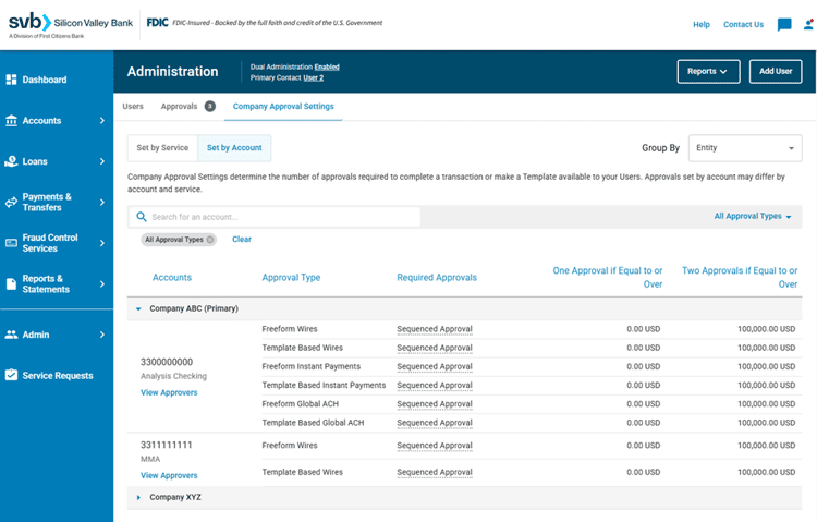 SVB Go - Admin - Company Approval Settings - Set by Account