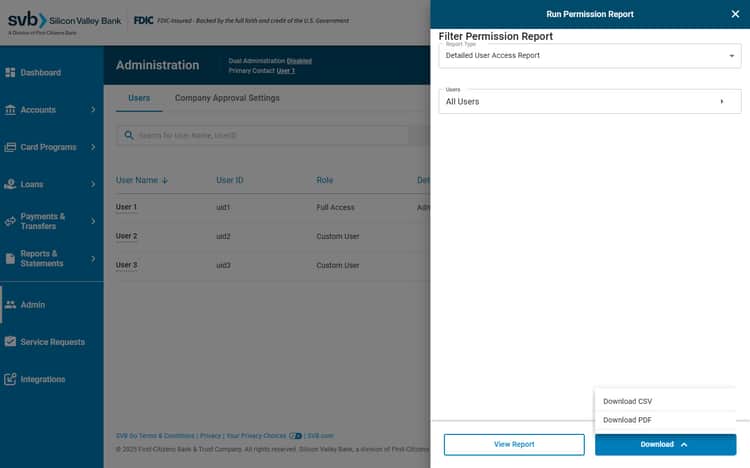 SVB Go - Admin - Permission Reports Direct Download