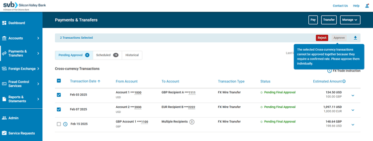 SVB Go - Payments & Transfers - Bulk Approvals with Cross-Currency Transactions