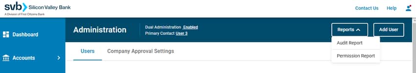 SVB Go - Reports dropdown button of Admin page