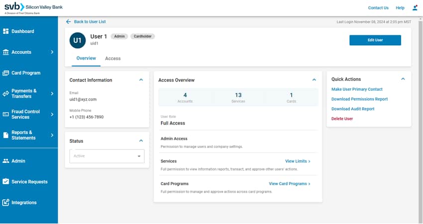 SVB Go - Admin User Details page