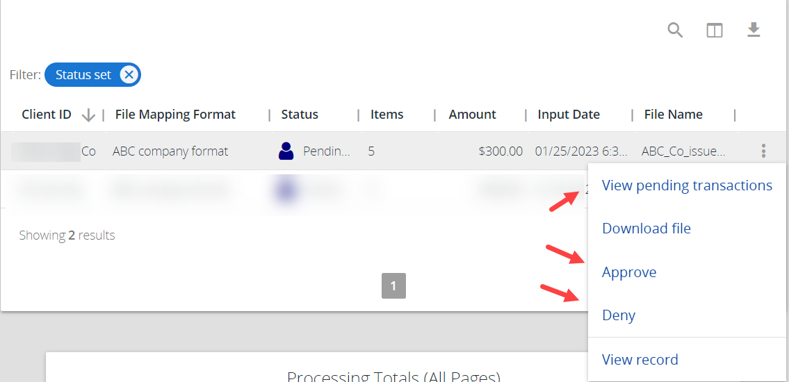 Options for pending file or check