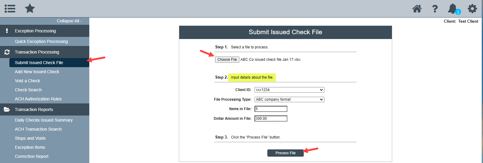 Select Submit Issued Check File