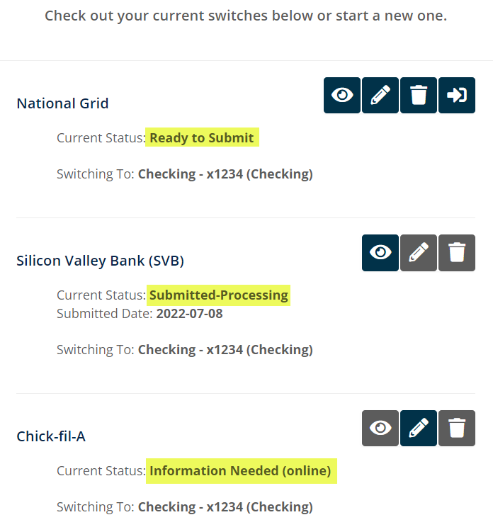 Existing switches display with statuses