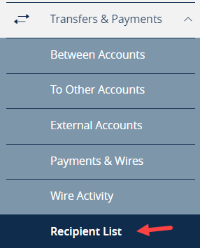 Recipient List under Transfers and Payments