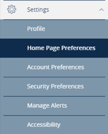 Home Page Preferences screen