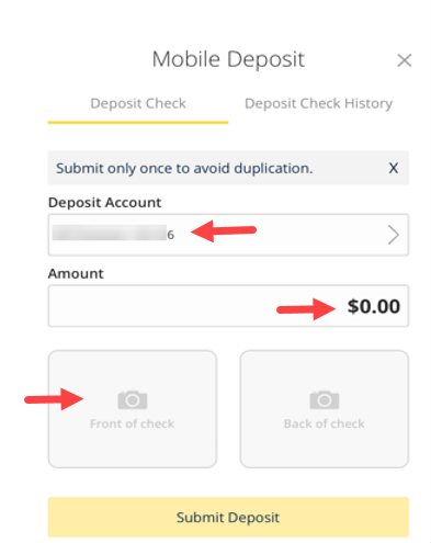 Mobile Deposit screen