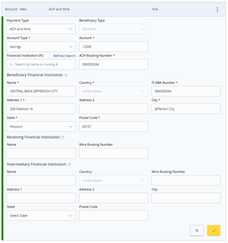 Recipient Wire and ACH Setup screen