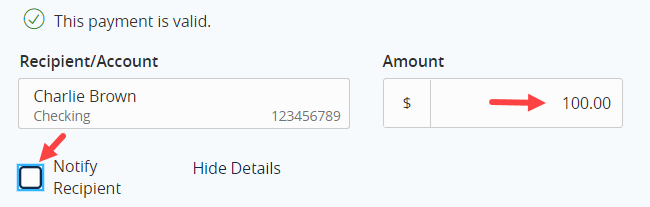 Wire amount field and check box for recipient notification