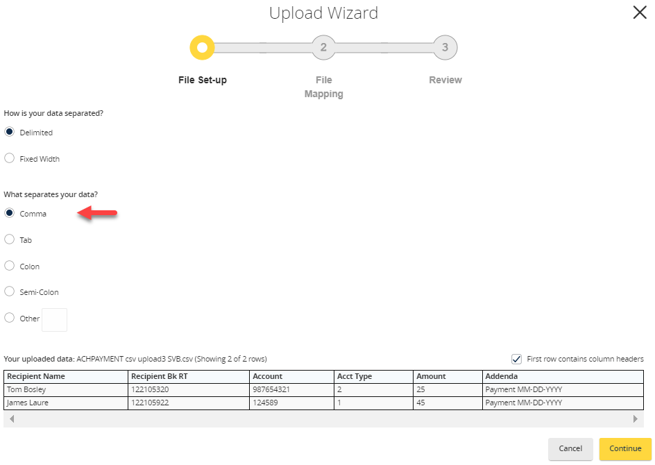 Select the data separator file contains and click continue