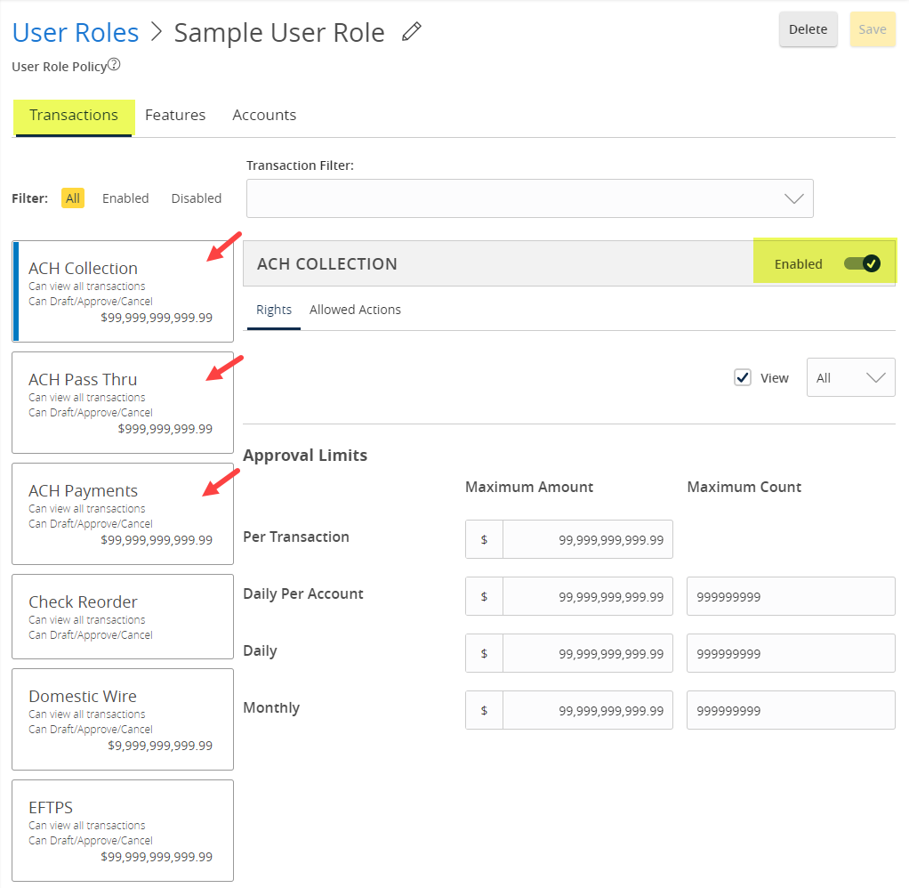 select transaction type and enable