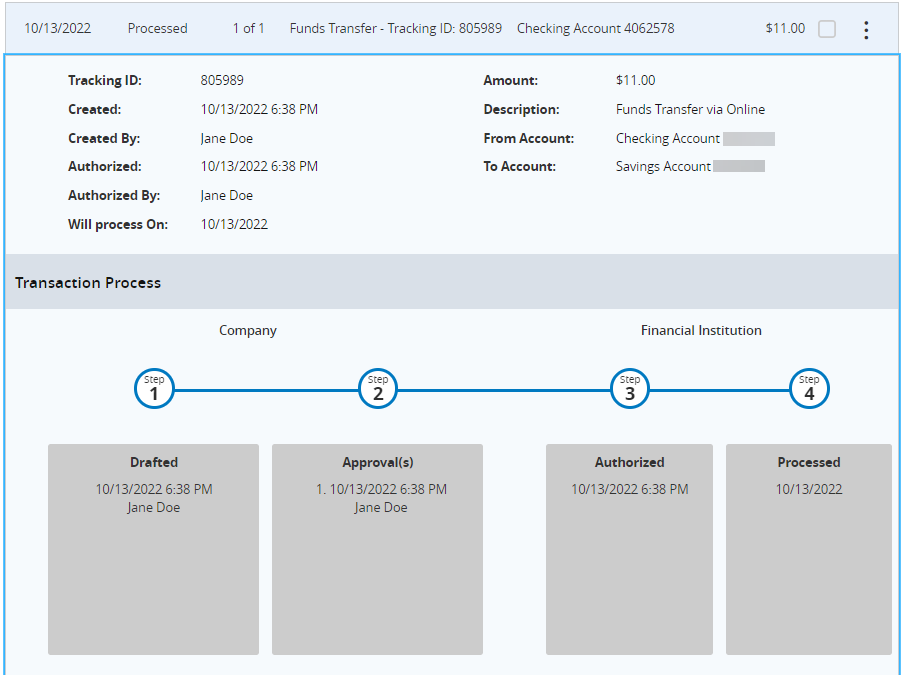 detailed display of a transaction