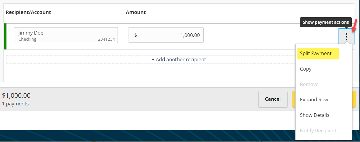 Show payment actions split payment