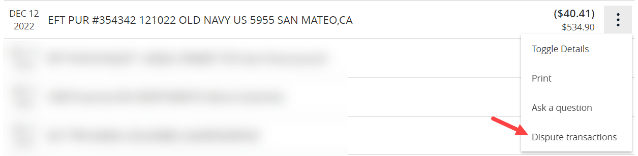 Select Dispute transaction on detail account page