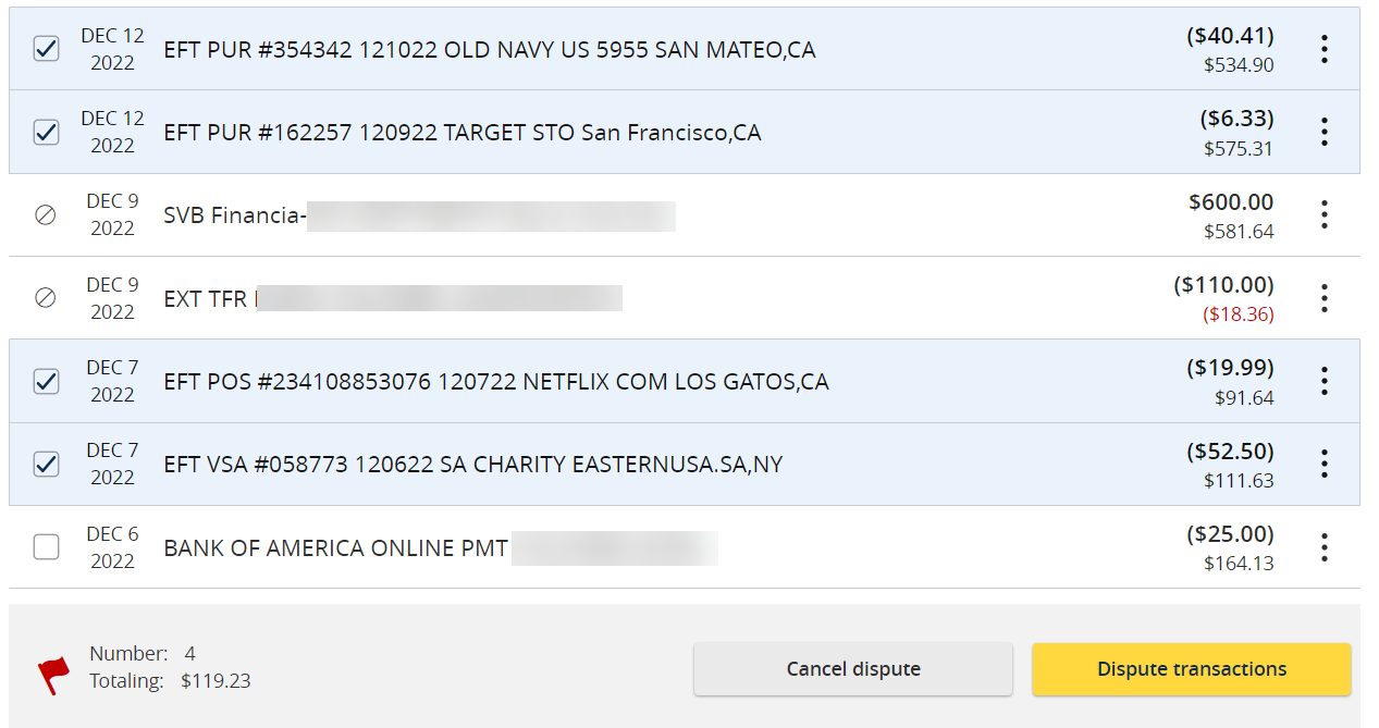 Select multiple transactions for dispute