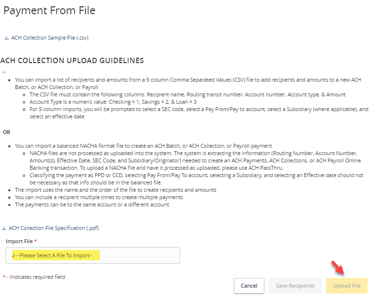 Import ACH CSV file