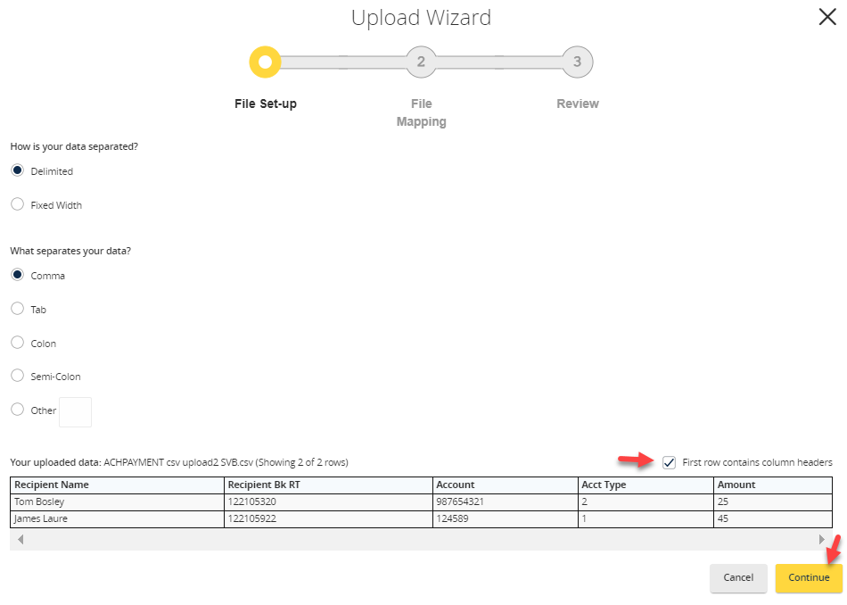 Upload file check box first row file header