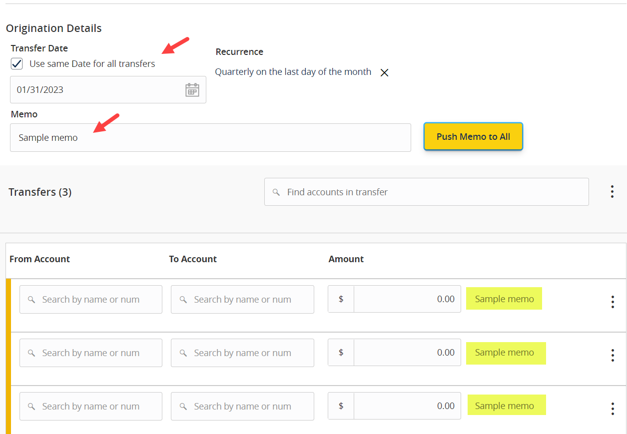 Select use same date and/or Memo for all transfers