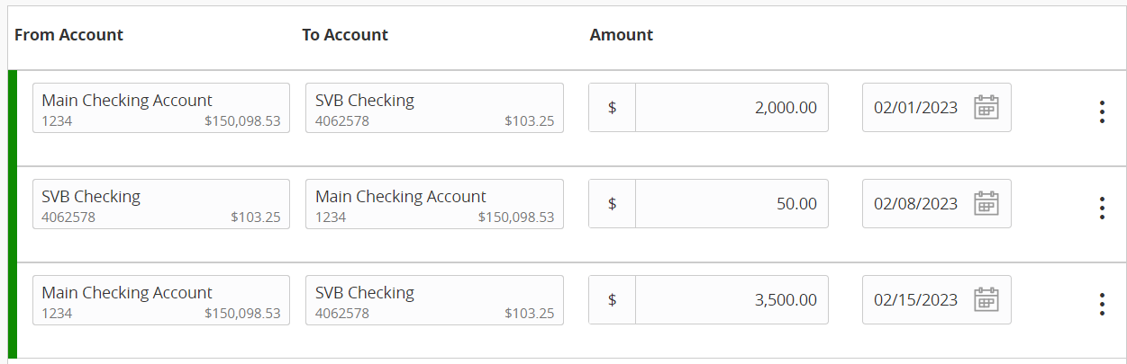 Enter transfer details including dates and amounts