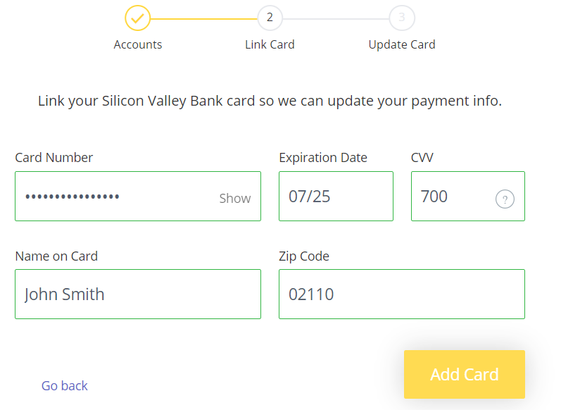 Screen where you enter debit card information