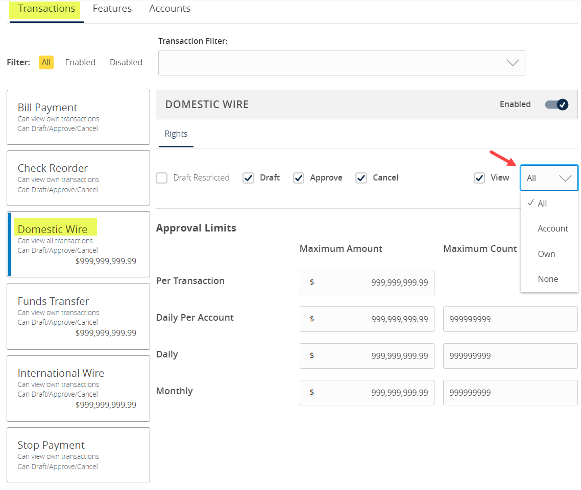 transaction screen with view rights