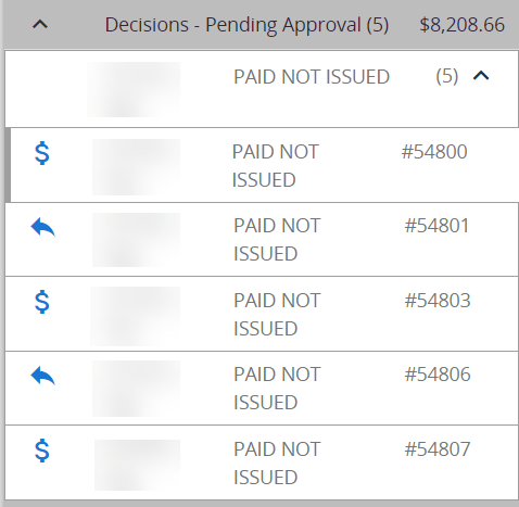 Items show approve or denied symbols