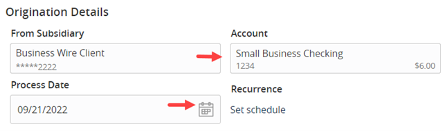 Choose account and process date for the wire