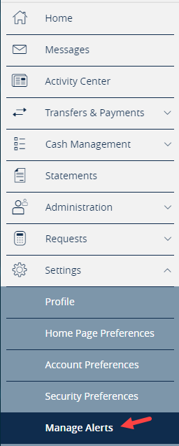 Manage alerts option on the side menu