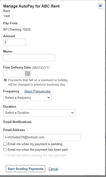 Fields to complete for Auto Pay
