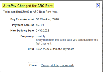 Confirmation autopay was updated