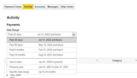 Activity tab for searching history
