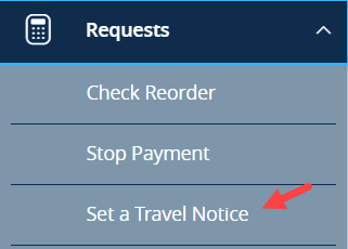 Selecting Set travel notice from the menu