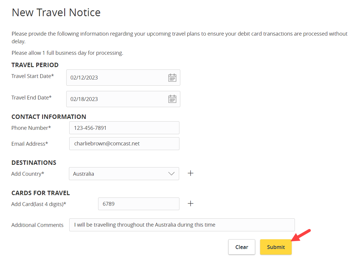 Enter travel notice details like travel period and country