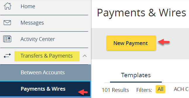Payment & wires Select New Payment
