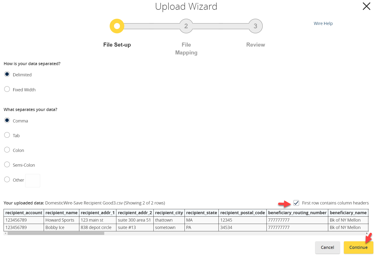 Upload wizard checkbox file contain headers