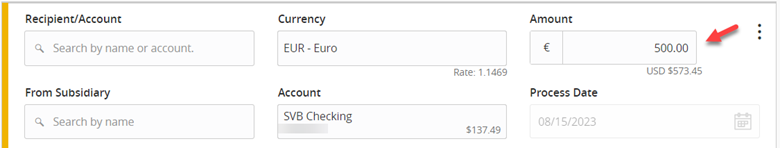 Currency transfers to Int'l Wire Payment screen