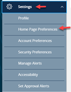 Settings and Home Page Preferences menu options